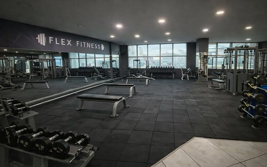 Salonun ana katı: duvarda Flex Fitness yazısı, bench sıraları, dambıl rafı ve cam cepheye bakan makine bölümü
